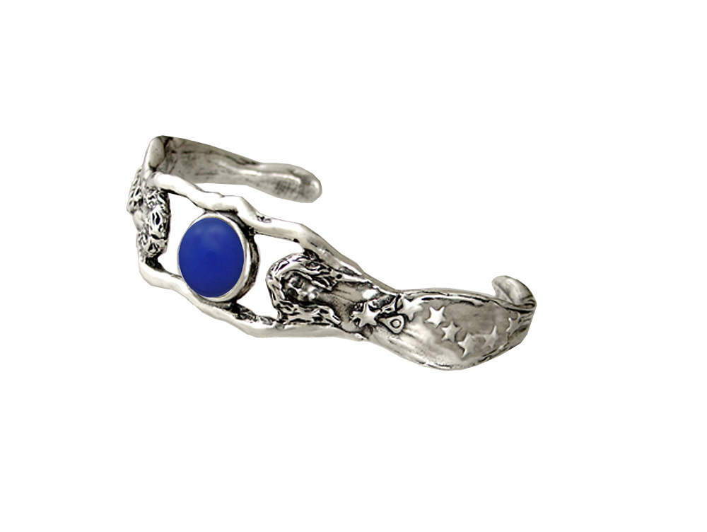 Sterling Silver Fairy Woman Maidens Handmade Cuff Bracelet With Blue Onyx